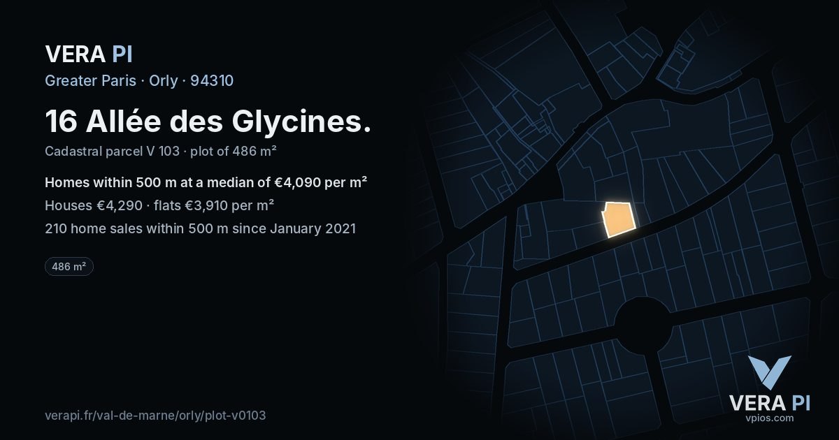 16 Allée des Glycines, Orly at night – the plot lit, the parcels around coloured by the prices near them