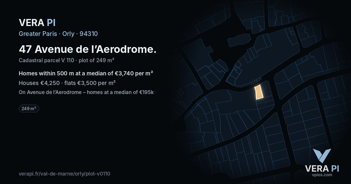 47 Avenue de l’Aerodrome, Orly at night – the plot lit, the parcels around coloured by the prices near them