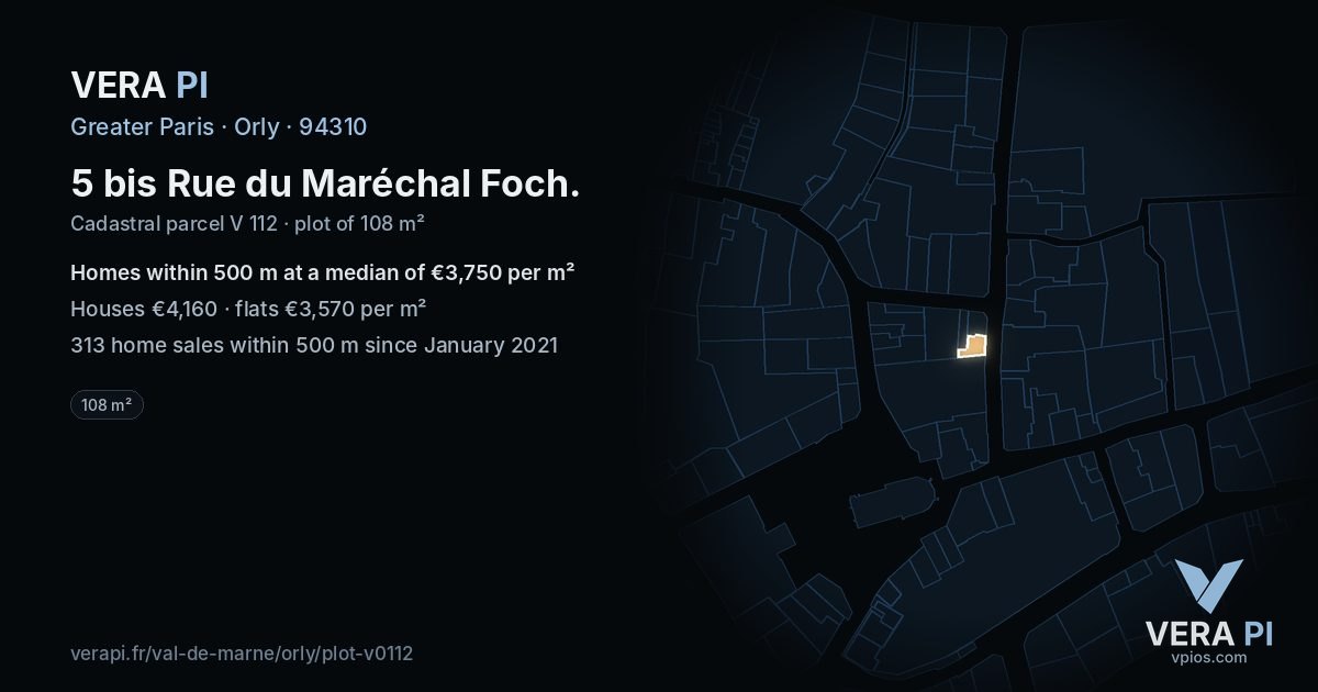 5 bis Rue du Maréchal Foch, Orly at night – the plot lit, the parcels around coloured by the prices near them
