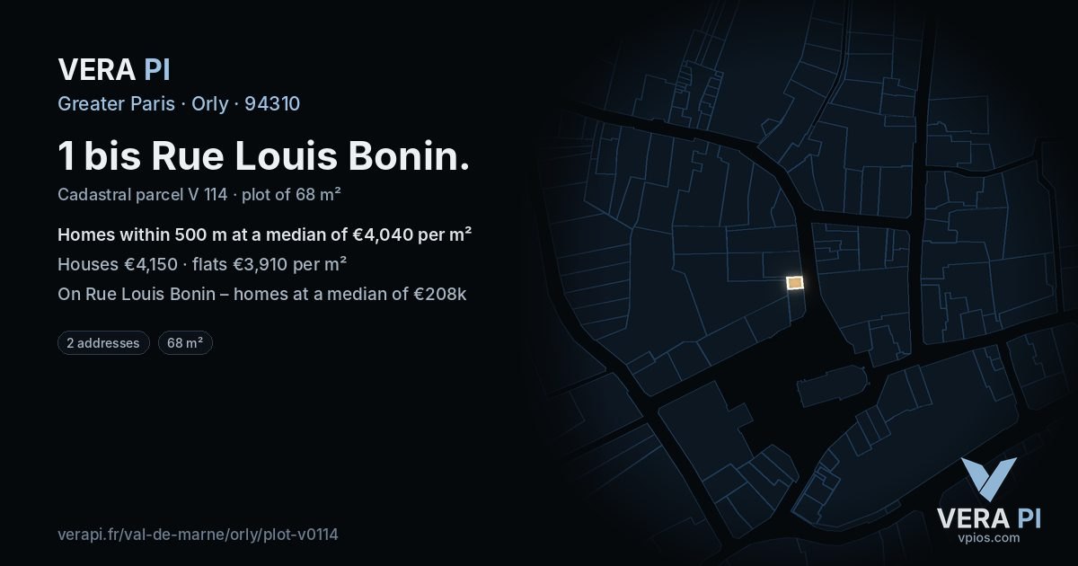 1 bis Rue Louis Bonin, Orly at night – the plot lit, the parcels around coloured by the prices near them