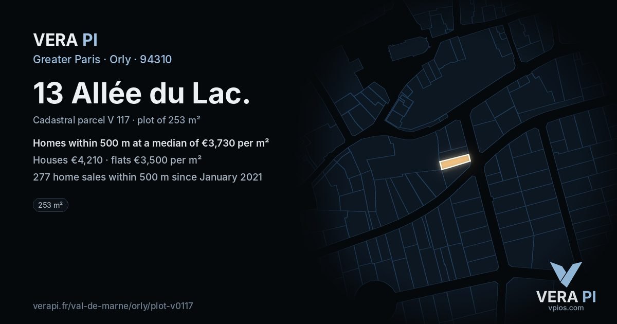 13 Allée du Lac, Orly at night – the plot lit, the parcels around coloured by the prices near them