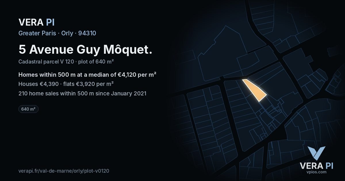 5 Avenue Guy Môquet, Orly at night – the plot lit, the parcels around coloured by the prices near them