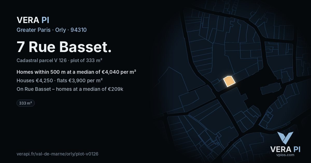 7 Rue Basset, Orly at night – the plot lit, the parcels around coloured by the prices near them