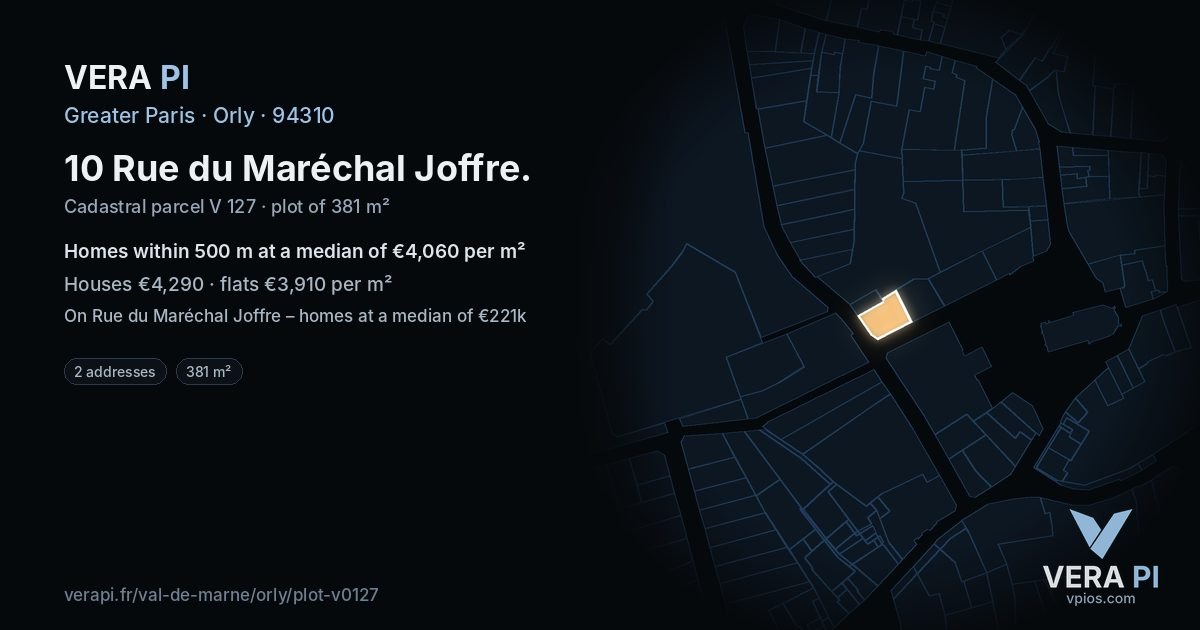 10 Rue du Maréchal Joffre, Orly at night – the plot lit, the parcels around coloured by the prices near them