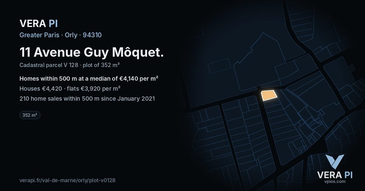 11 Avenue Guy Môquet, Orly at night – the plot lit, the parcels around coloured by the prices near them
