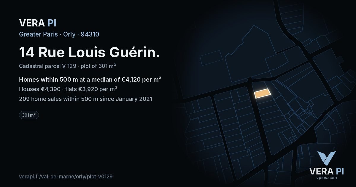 14 Rue Louis Guérin, Orly at night – the plot lit, the parcels around coloured by the prices near them