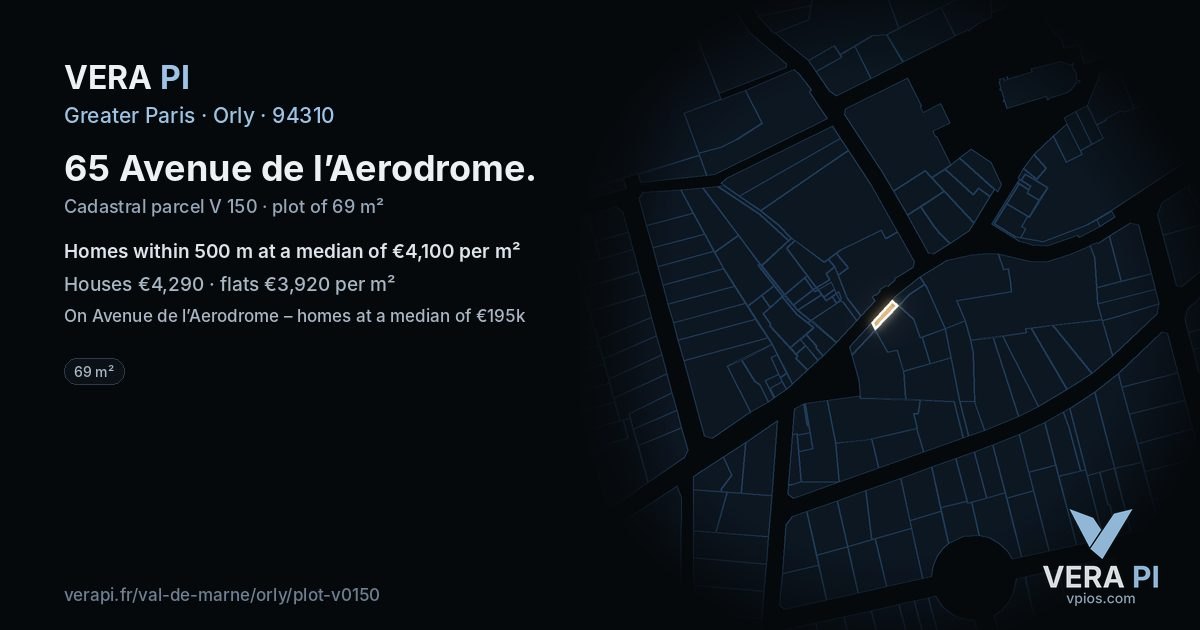 65 Avenue de l’Aerodrome, Orly at night – the plot lit, the parcels around coloured by the prices near them