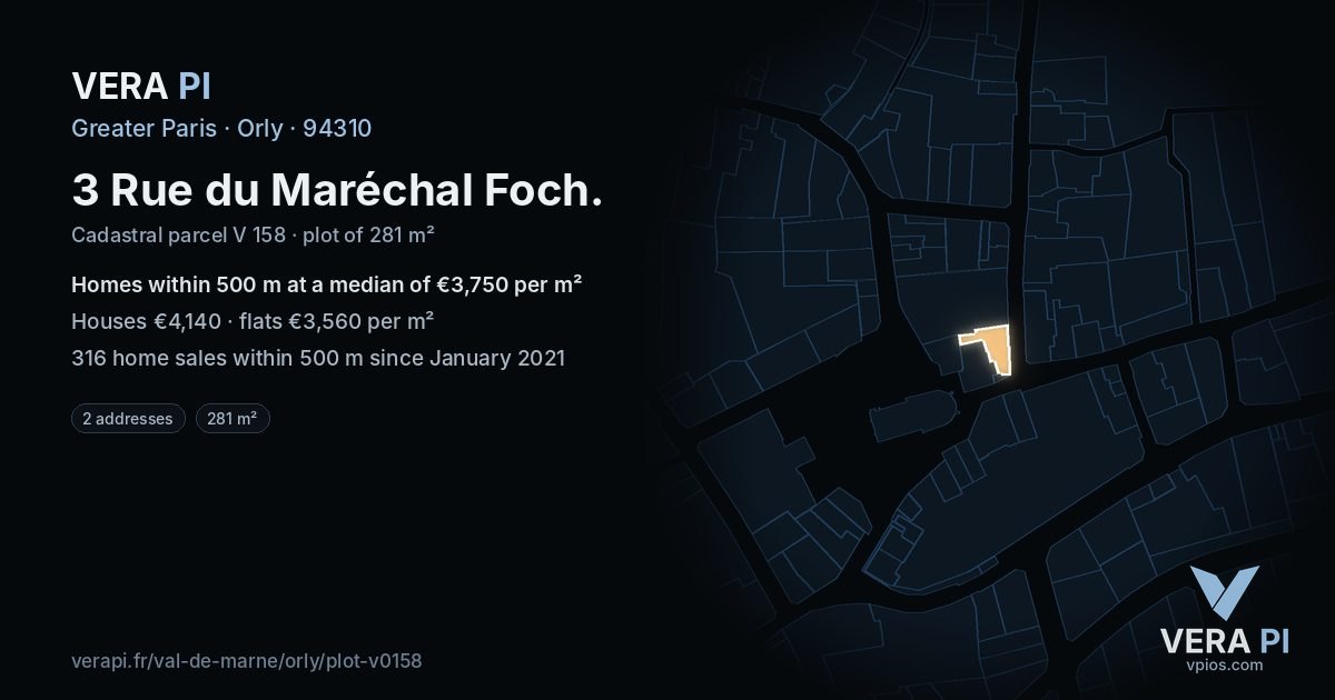 3 Rue du Maréchal Foch, Orly at night – the plot lit, the parcels around coloured by the prices near them
