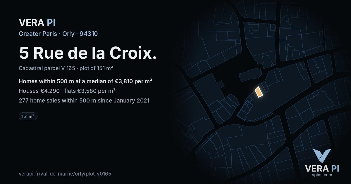 5 Rue de la Croix, Orly at night – the plot lit, the parcels around coloured by the prices near them