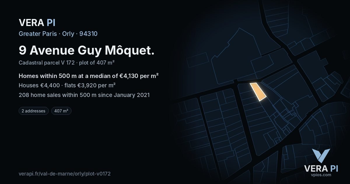 9 Avenue Guy Môquet, Orly at night – the plot lit, the parcels around coloured by the prices near them