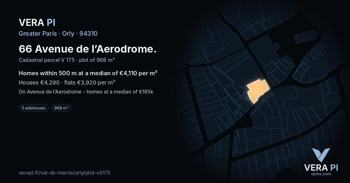 66 Avenue de l’Aerodrome, Orly at night – the plot lit, the parcels around coloured by the prices near them
