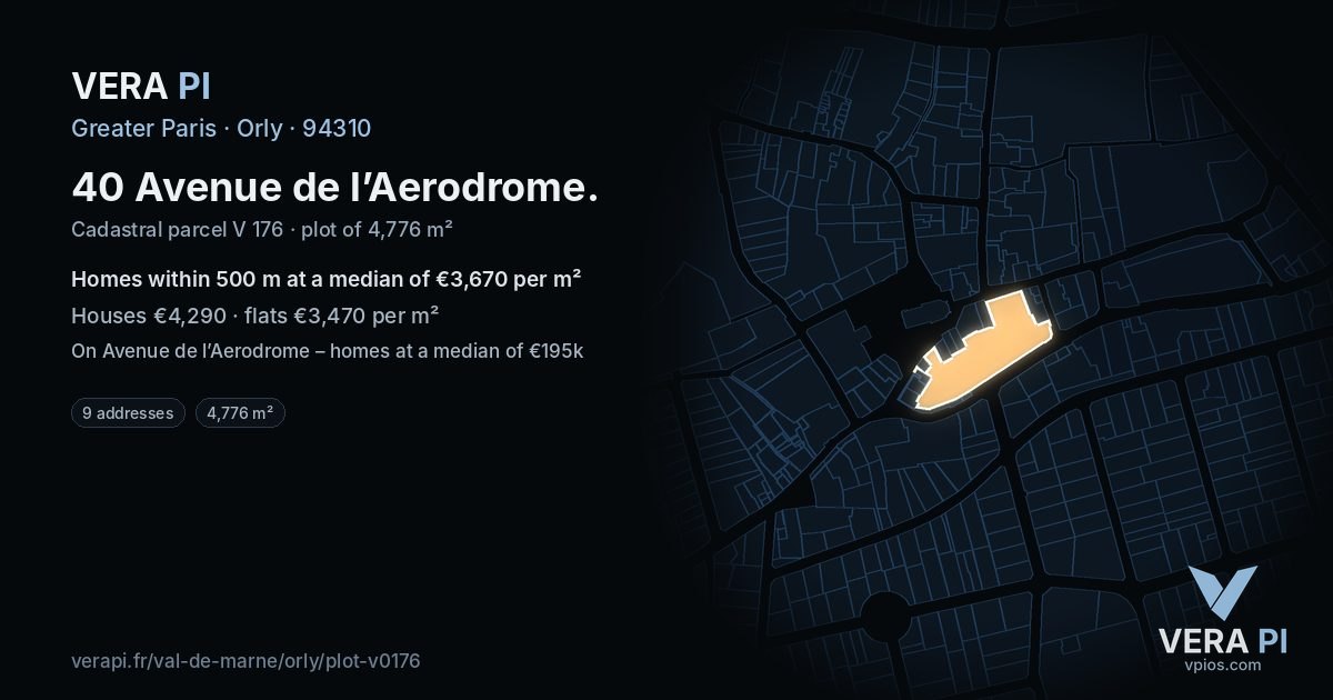 40 Avenue de l’Aerodrome, Orly at night – the plot lit, the parcels around coloured by the prices near them