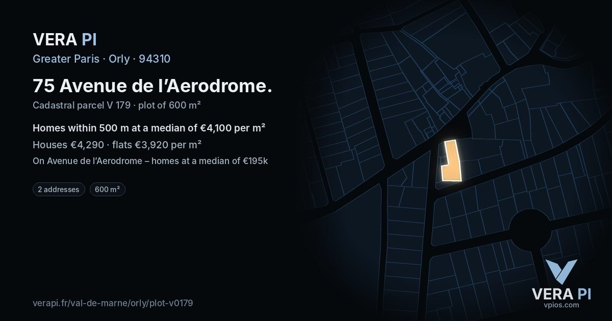 75 Avenue de l’Aerodrome, Orly at night – the plot lit, the parcels around coloured by the prices near them