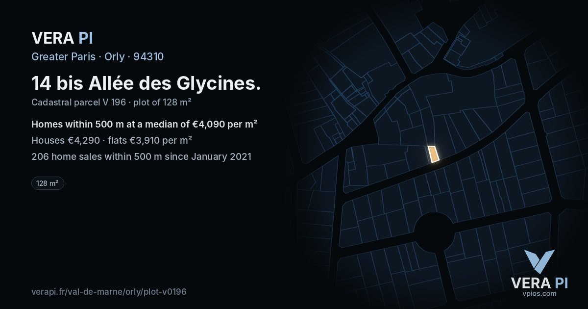 14 bis Allée des Glycines, Orly at night – the plot lit, the parcels around coloured by the prices near them