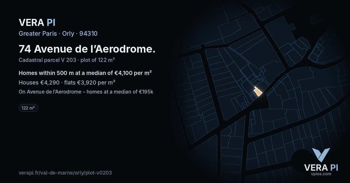 74 Avenue de l’Aerodrome, Orly at night – the plot lit, the parcels around coloured by the prices near them