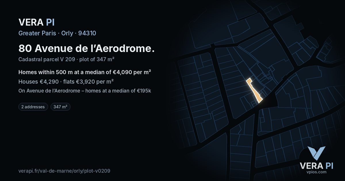 80 Avenue de l’Aerodrome, Orly at night – the plot lit, the parcels around coloured by the prices near them