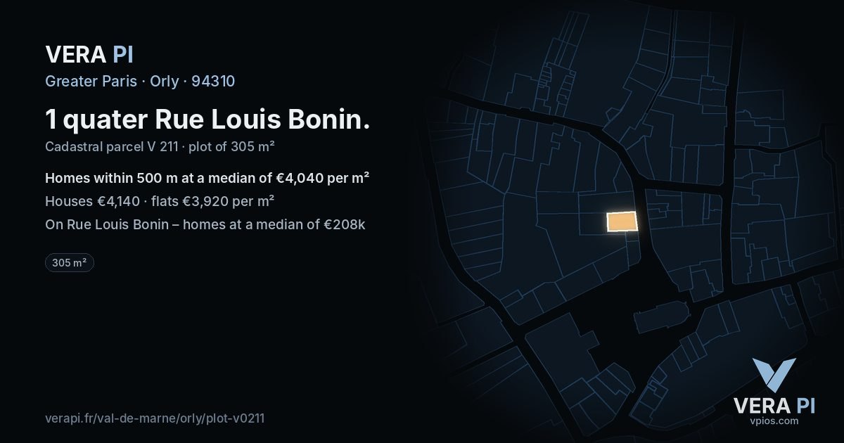 1 quater Rue Louis Bonin, Orly at night – the plot lit, the parcels around coloured by the prices near them