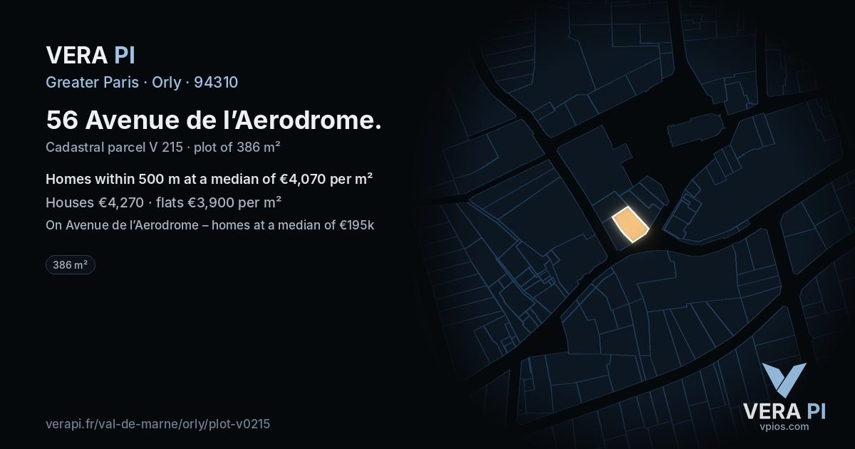 56 Avenue de l’Aerodrome, Orly at night – the plot lit, the parcels around coloured by the prices near them