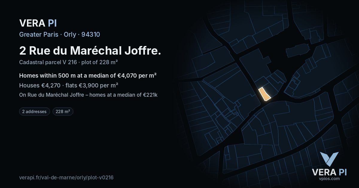 2 Rue du Maréchal Joffre, Orly at night – the plot lit, the parcels around coloured by the prices near them