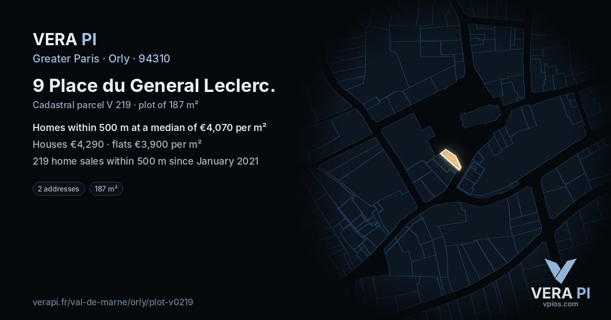 9 Place du General Leclerc, Orly at night – the plot lit, the parcels around coloured by the prices near them