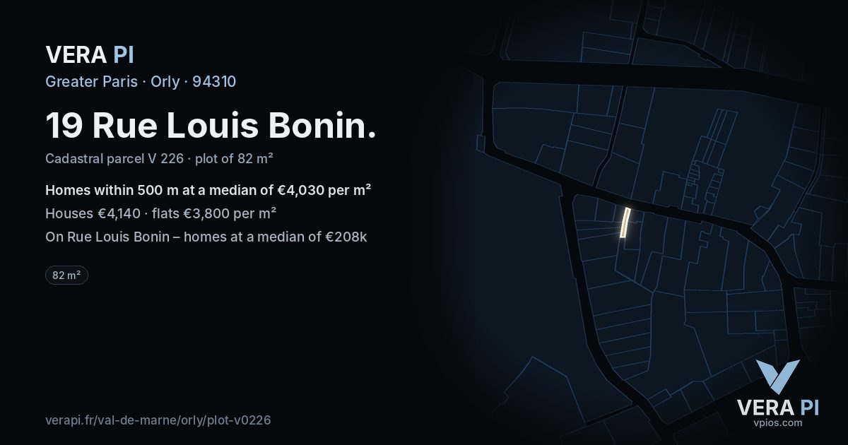 19 Rue Louis Bonin, Orly at night – the plot lit, the parcels around coloured by the prices near them