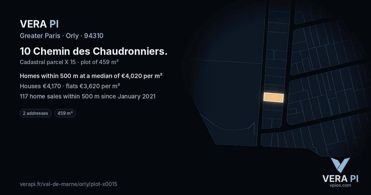 10 Chemin des Chaudronniers, Orly at night – the plot lit, the parcels around coloured by the prices near them