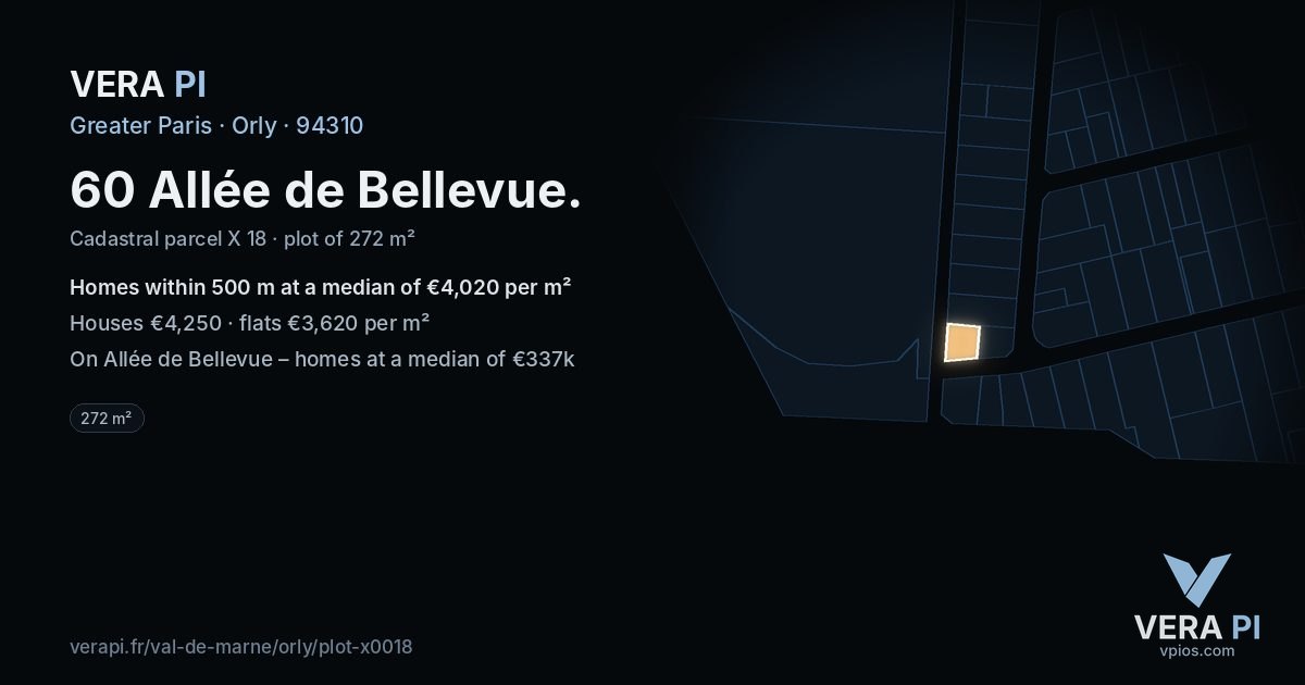 60 Allée de Bellevue, Orly at night – the plot lit, the parcels around coloured by the prices near them