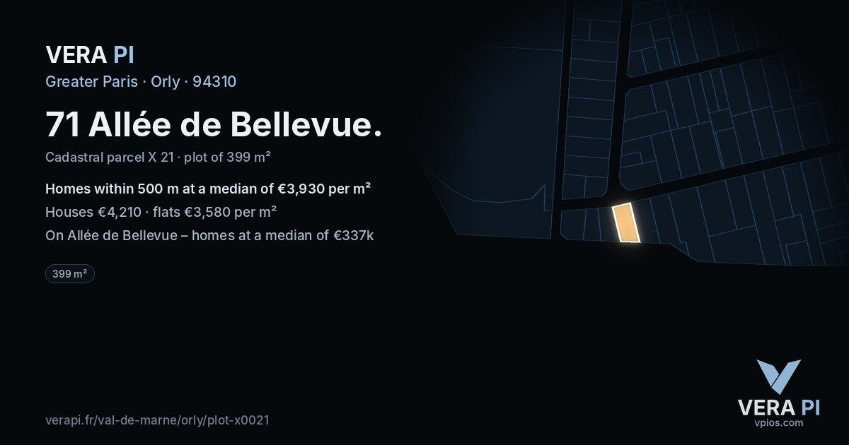 71 Allée de Bellevue, Orly at night – the plot lit, the parcels around coloured by the prices near them
