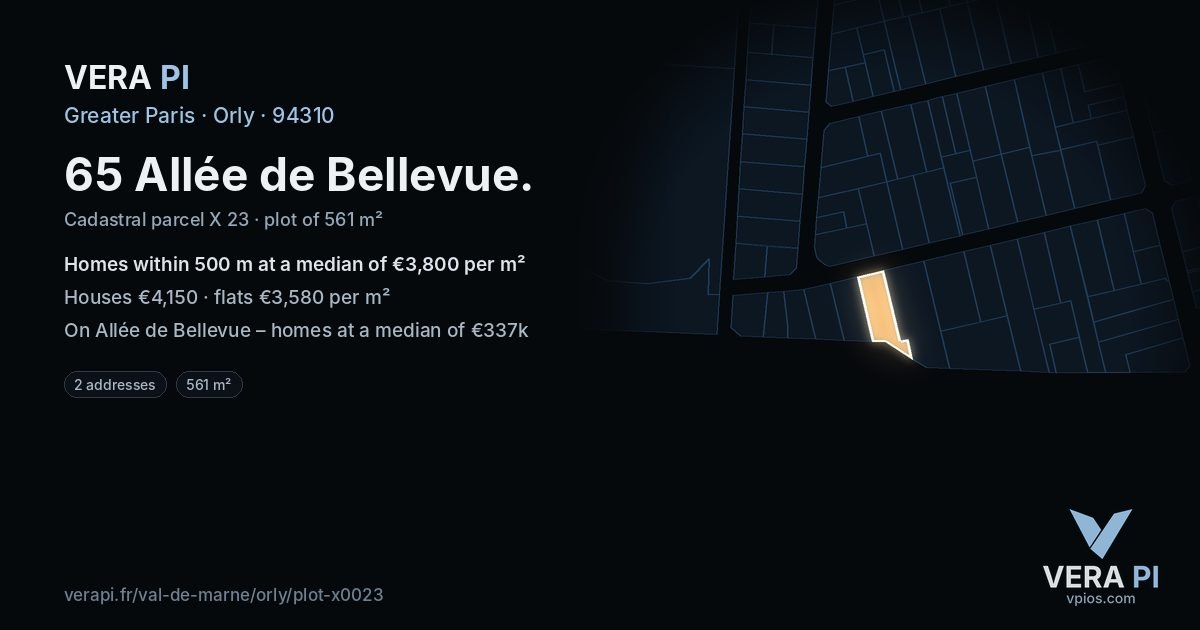 65 Allée de Bellevue, Orly at night – the plot lit, the parcels around coloured by the prices near them