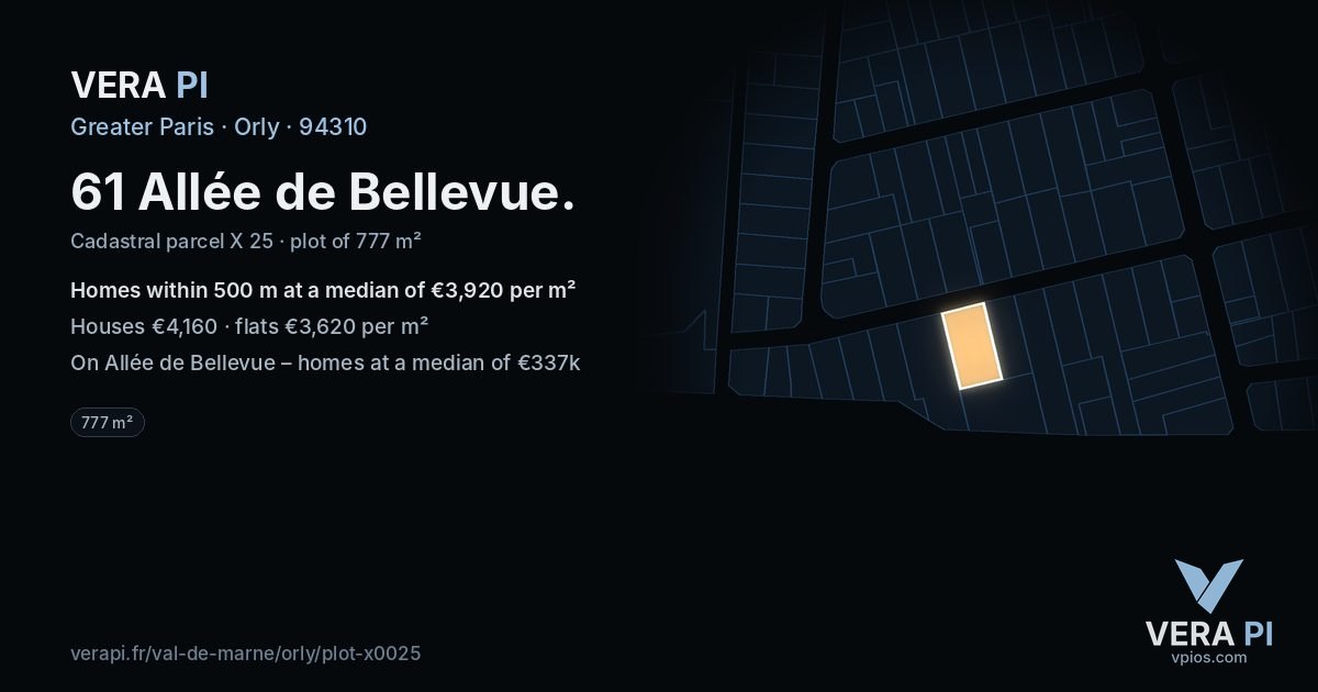 61 Allée de Bellevue, Orly at night – the plot lit, the parcels around coloured by the prices near them