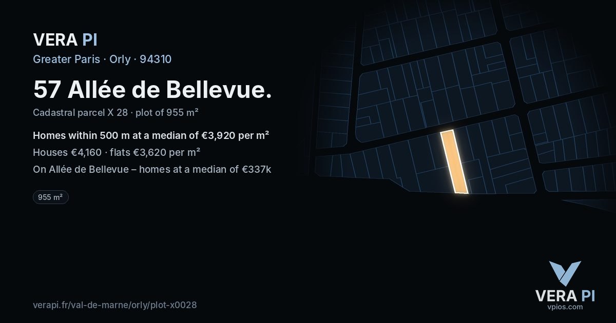 57 Allée de Bellevue, Orly at night – the plot lit, the parcels around coloured by the prices near them