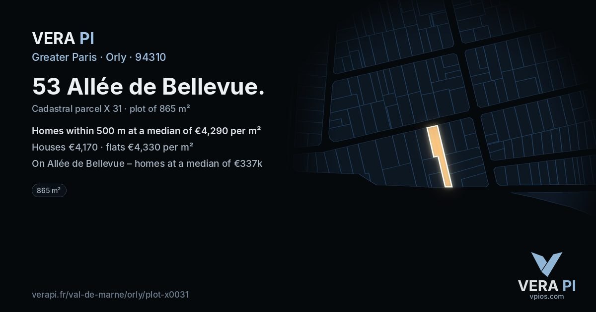 53 Allée de Bellevue, Orly at night – the plot lit, the parcels around coloured by the prices near them