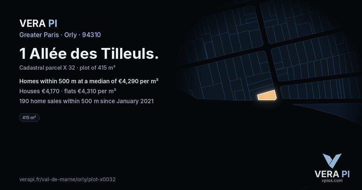1 Allée des Tilleuls, Orly at night – the plot lit, the parcels around coloured by the prices near them