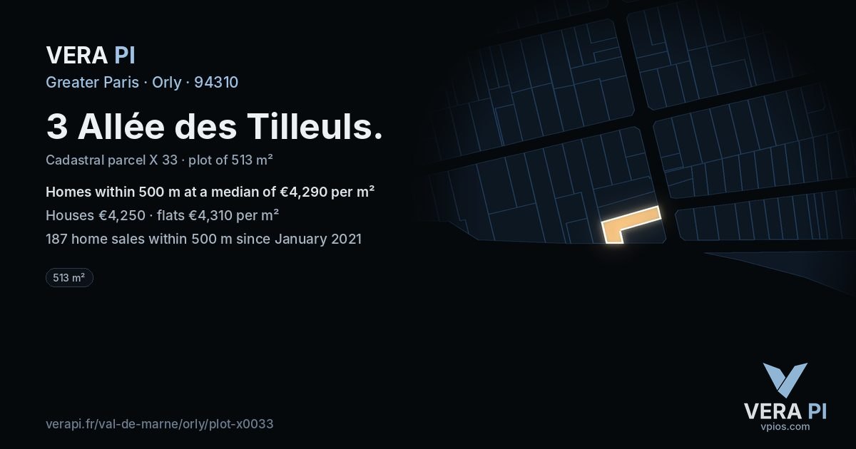 3 Allée des Tilleuls, Orly at night – the plot lit, the parcels around coloured by the prices near them