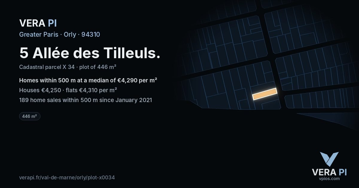 5 Allée des Tilleuls, Orly at night – the plot lit, the parcels around coloured by the prices near them