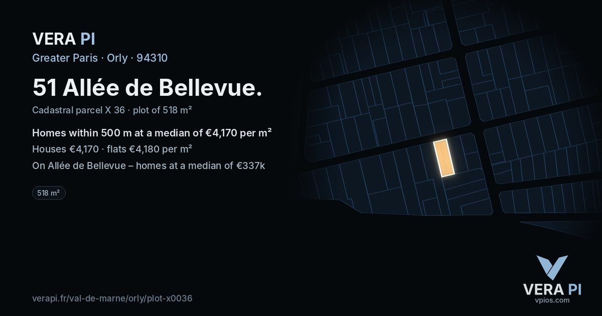 51 Allée de Bellevue, Orly at night – the plot lit, the parcels around coloured by the prices near them