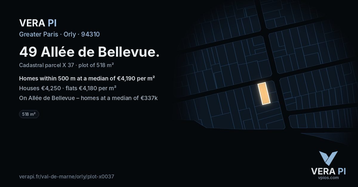 49 Allée de Bellevue, Orly at night – the plot lit, the parcels around coloured by the prices near them
