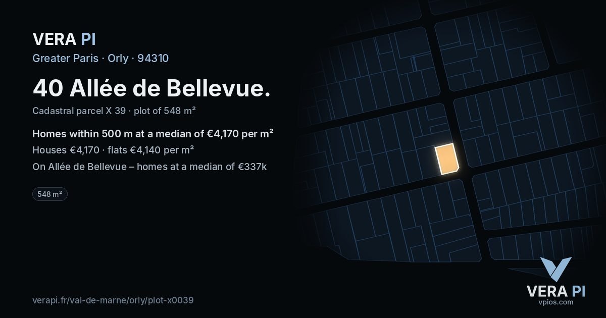 40 Allée de Bellevue, Orly at night – the plot lit, the parcels around coloured by the prices near them