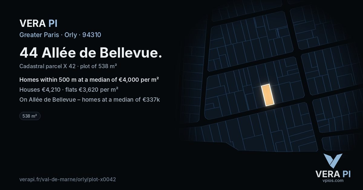 44 Allée de Bellevue, Orly at night – the plot lit, the parcels around coloured by the prices near them