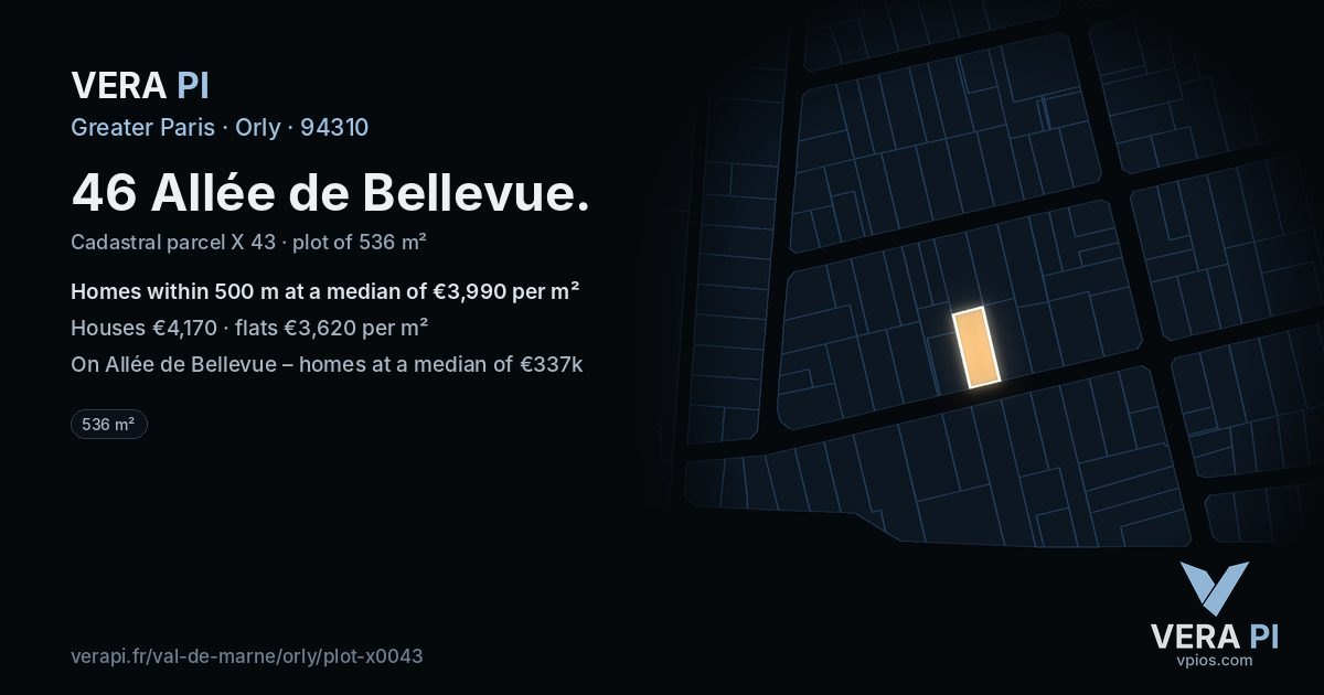 46 Allée de Bellevue, Orly at night – the plot lit, the parcels around coloured by the prices near them