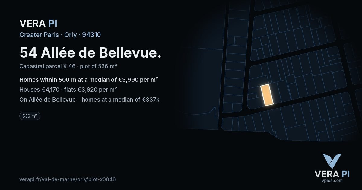 54 Allée de Bellevue, Orly at night – the plot lit, the parcels around coloured by the prices near them