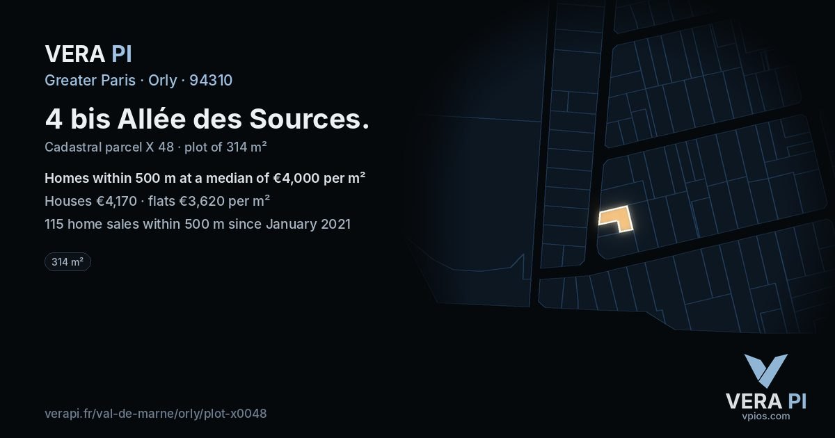 4 bis Allée des Sources, Orly at night – the plot lit, the parcels around coloured by the prices near them