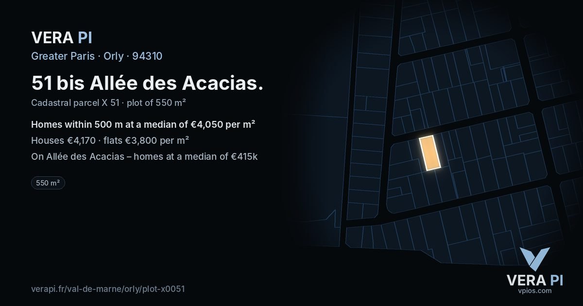 51 bis Allée des Acacias, Orly at night – the plot lit, the parcels around coloured by the prices near them