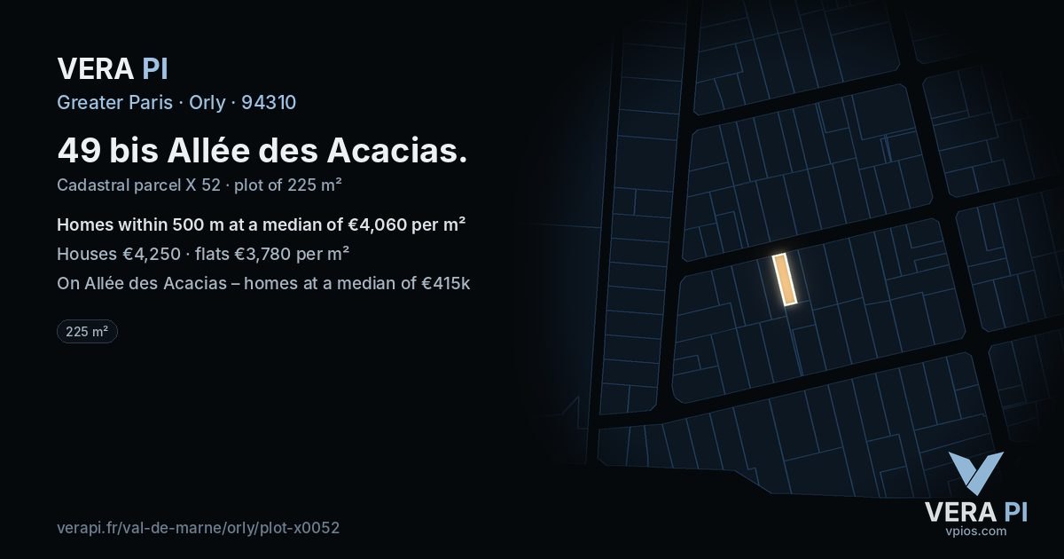49 bis Allée des Acacias, Orly at night – the plot lit, the parcels around coloured by the prices near them
