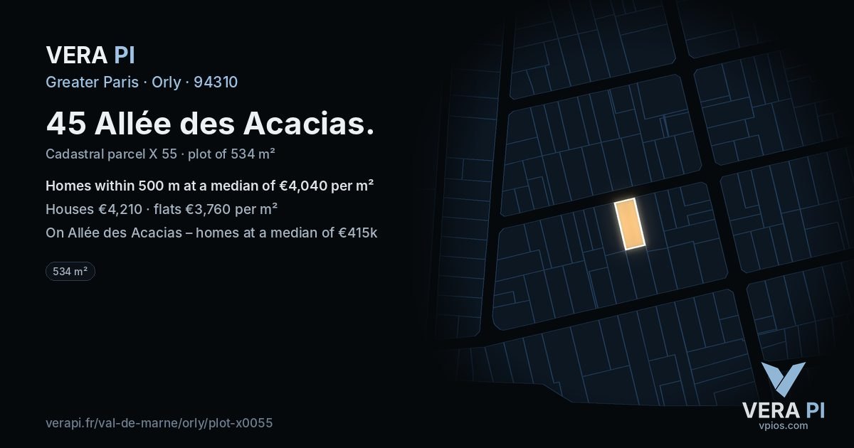 45 Allée des Acacias, Orly at night – the plot lit, the parcels around coloured by the prices near them
