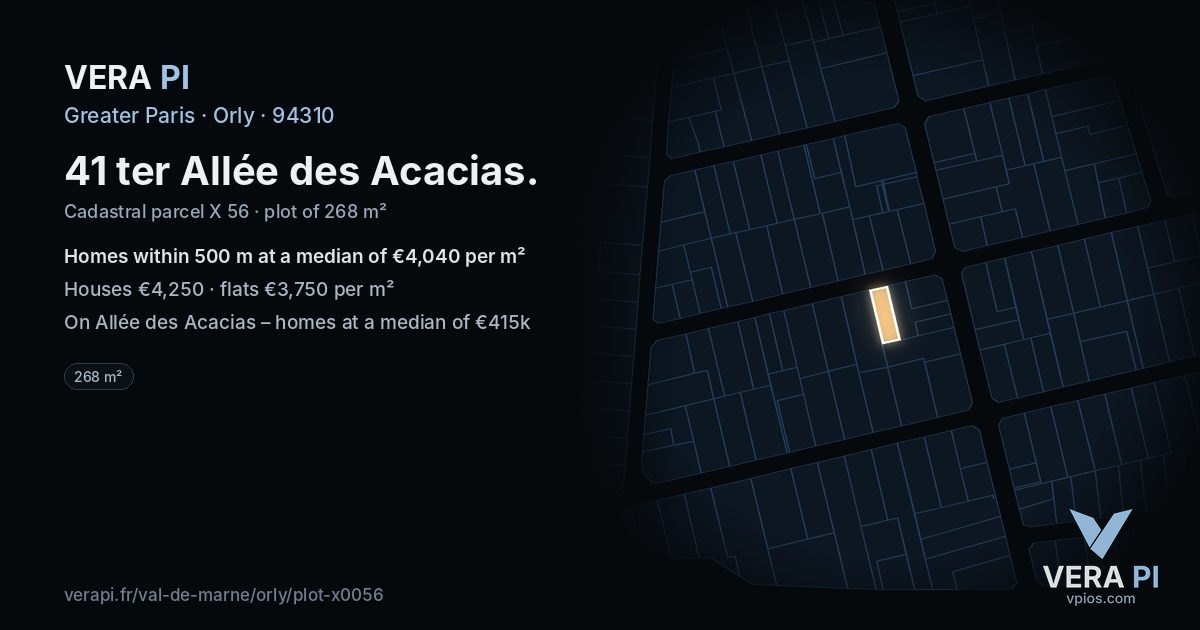 41 ter Allée des Acacias, Orly at night – the plot lit, the parcels around coloured by the prices near them