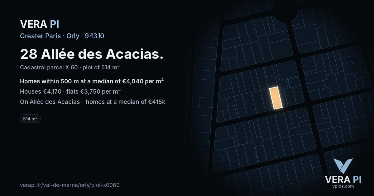 28 Allée des Acacias, Orly at night – the plot lit, the parcels around coloured by the prices near them