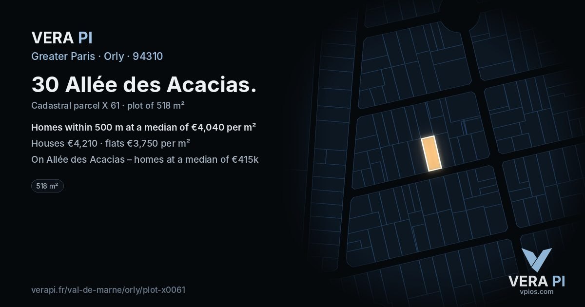 30 Allée des Acacias, Orly at night – the plot lit, the parcels around coloured by the prices near them