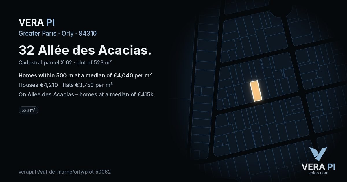 32 Allée des Acacias, Orly at night – the plot lit, the parcels around coloured by the prices near them
