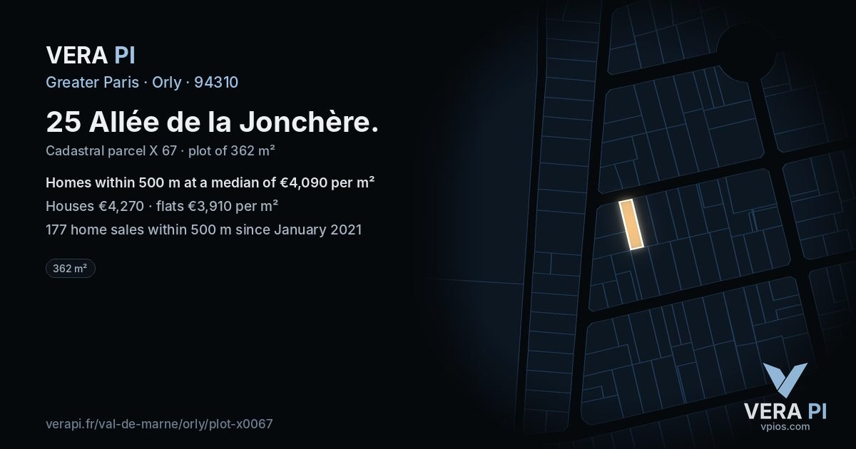 25 Allée de la Jonchère, Orly at night – the plot lit, the parcels around coloured by the prices near them